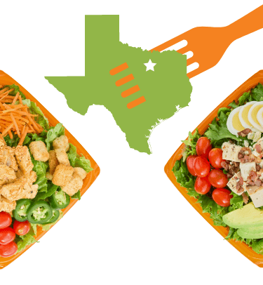 Cobb and Buffalo Chicken salads in orange bowls next to a green outline of Texas with an orange fork through it.