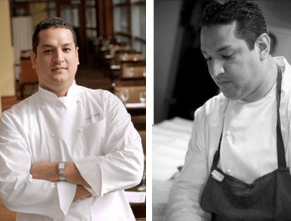 Two photos of Chef Patino in a kitchen